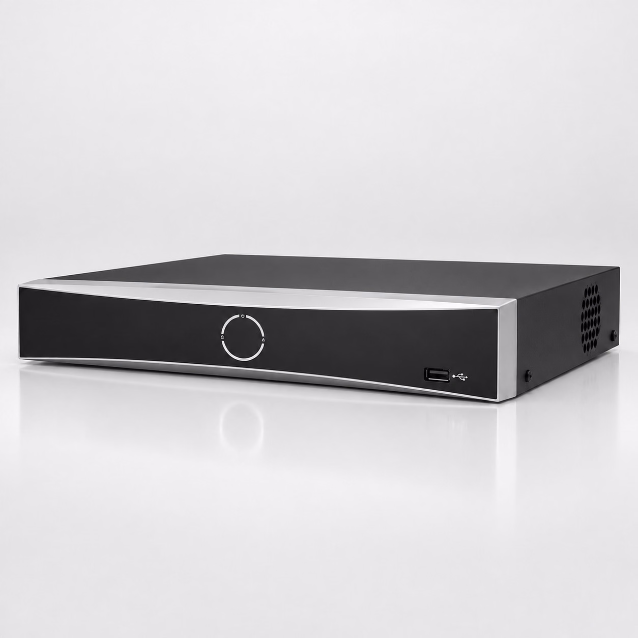 Hikvision network video recorder with silver front trim