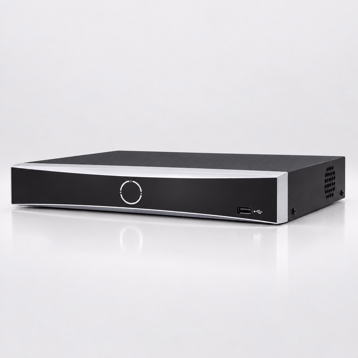Black Hikvision network video recorder with front control dial