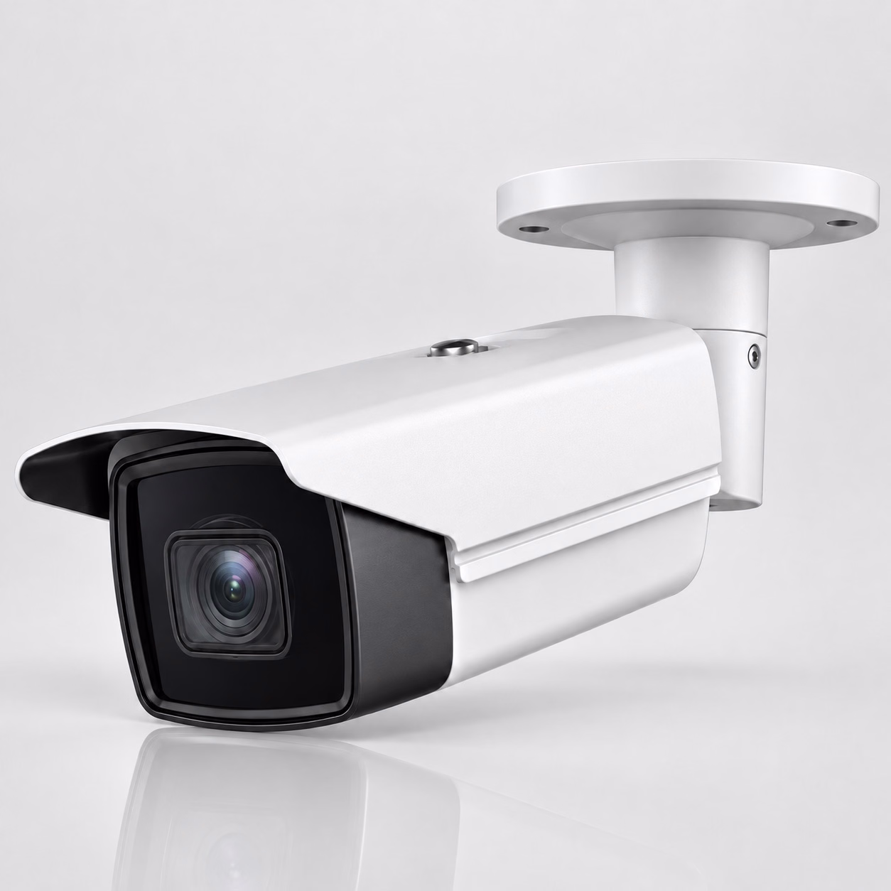 White bullet security camera with black sunshield