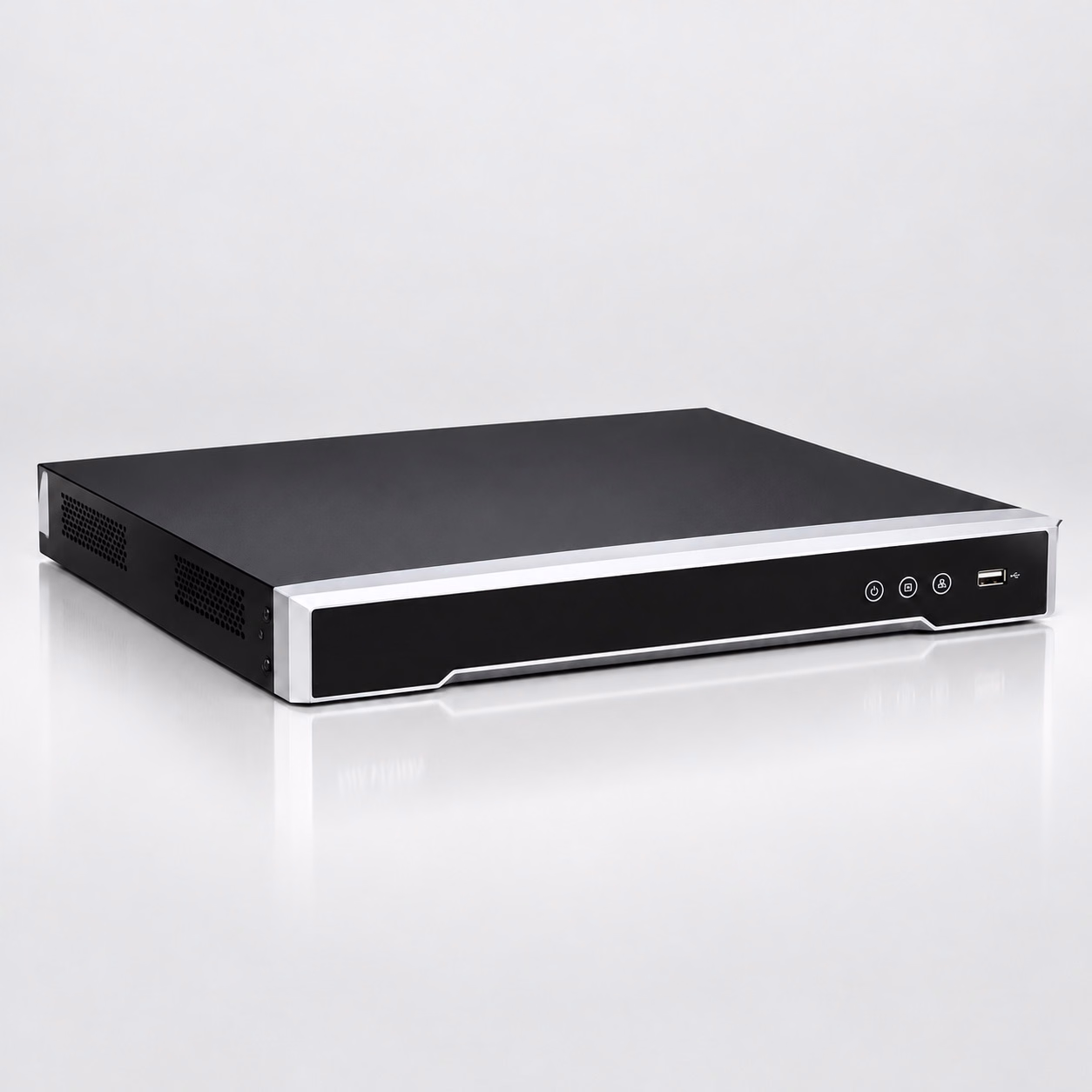 Black security recorder with front USB port and status buttons