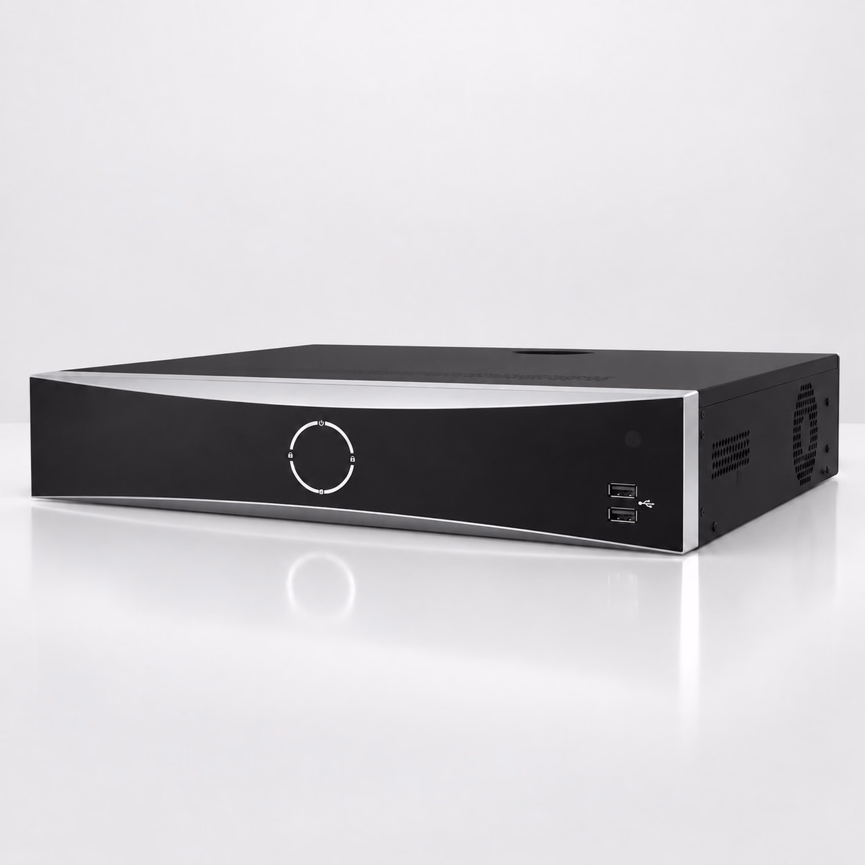 Black network video recorder with circular front control