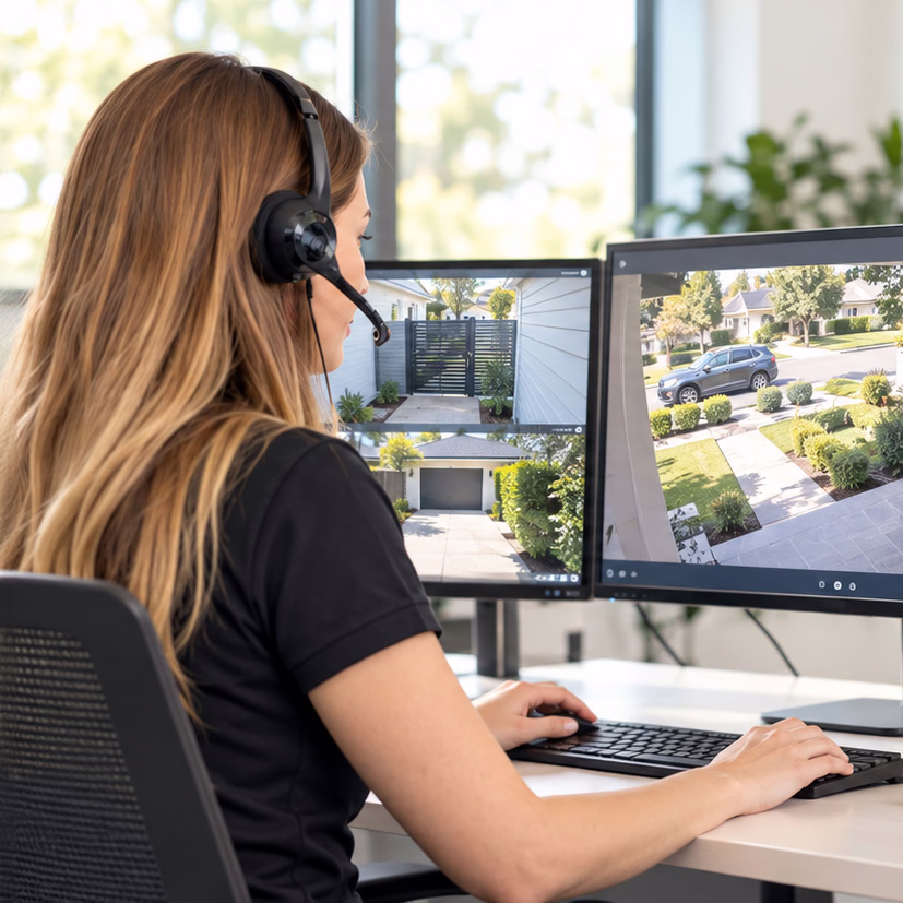 Alarmto support specialist wearing a headset and reviewing security camera feeds