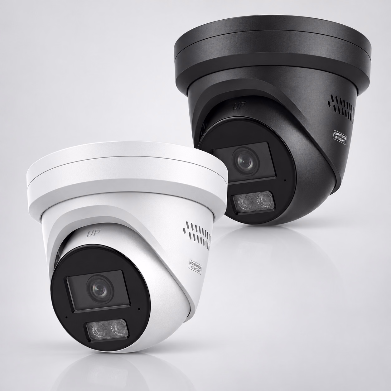White and black turret security cameras