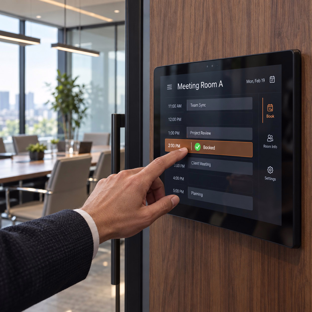 Meeting room booking touchscreen outside a commercial boardroom
