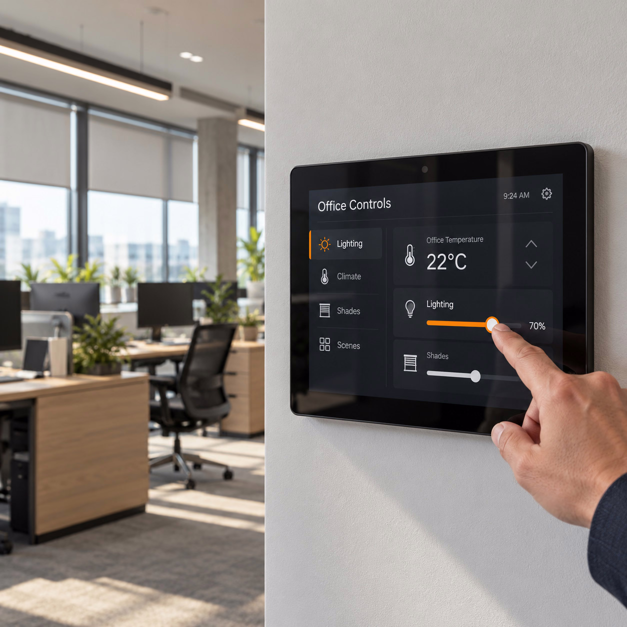 Office automation touchscreen controlling lighting, temperature, and shades