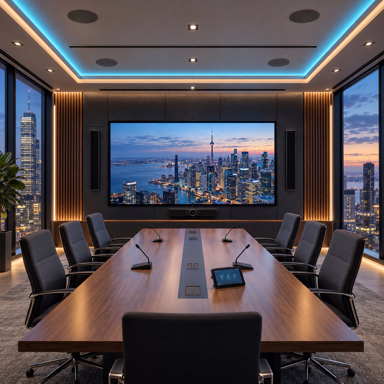 Corporate boardroom with integrated speakers, microphones, a large display, and AV controls