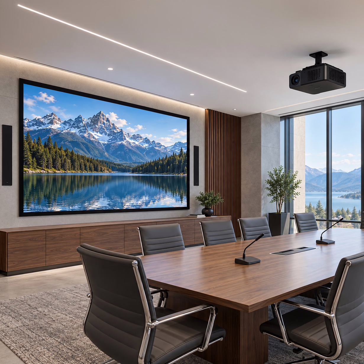 Daylit boardroom with a projector, large screen, wall speakers, and table microphones