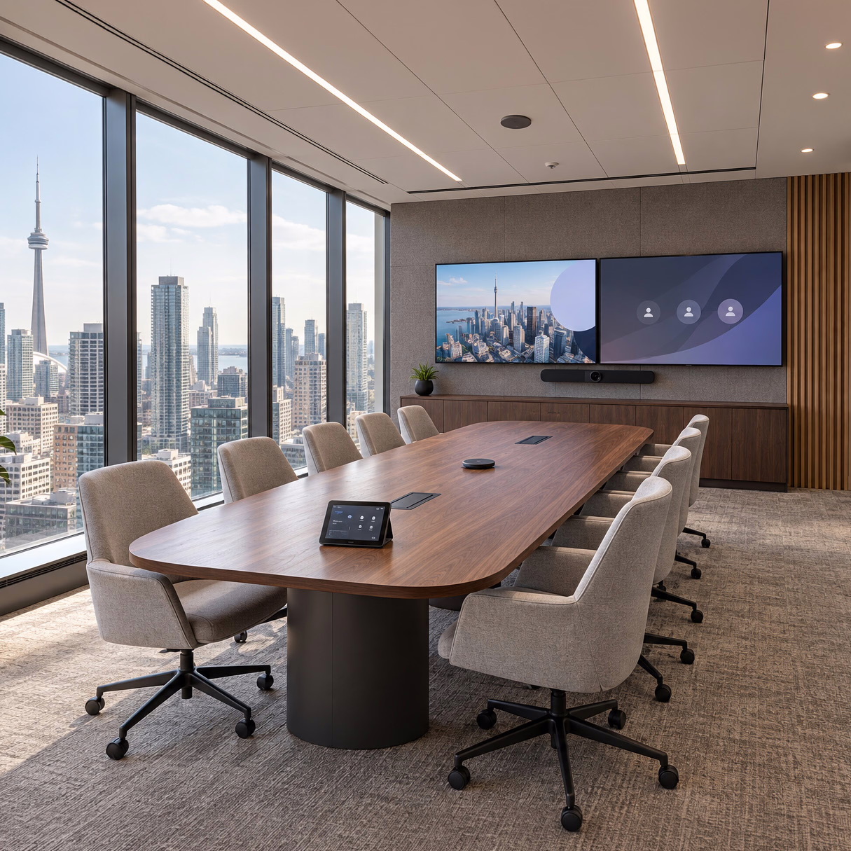 Toronto boardroom with dual displays, conference audio equipment, and city views