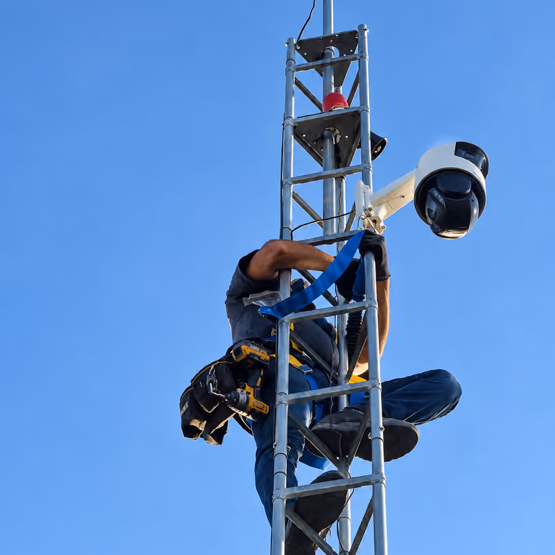 Technician installing a commercial PTZ camera on a pole