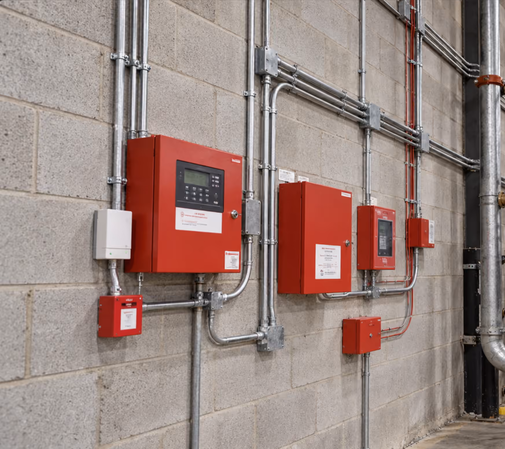 Commercial fire alarm panels installed on a facility wall