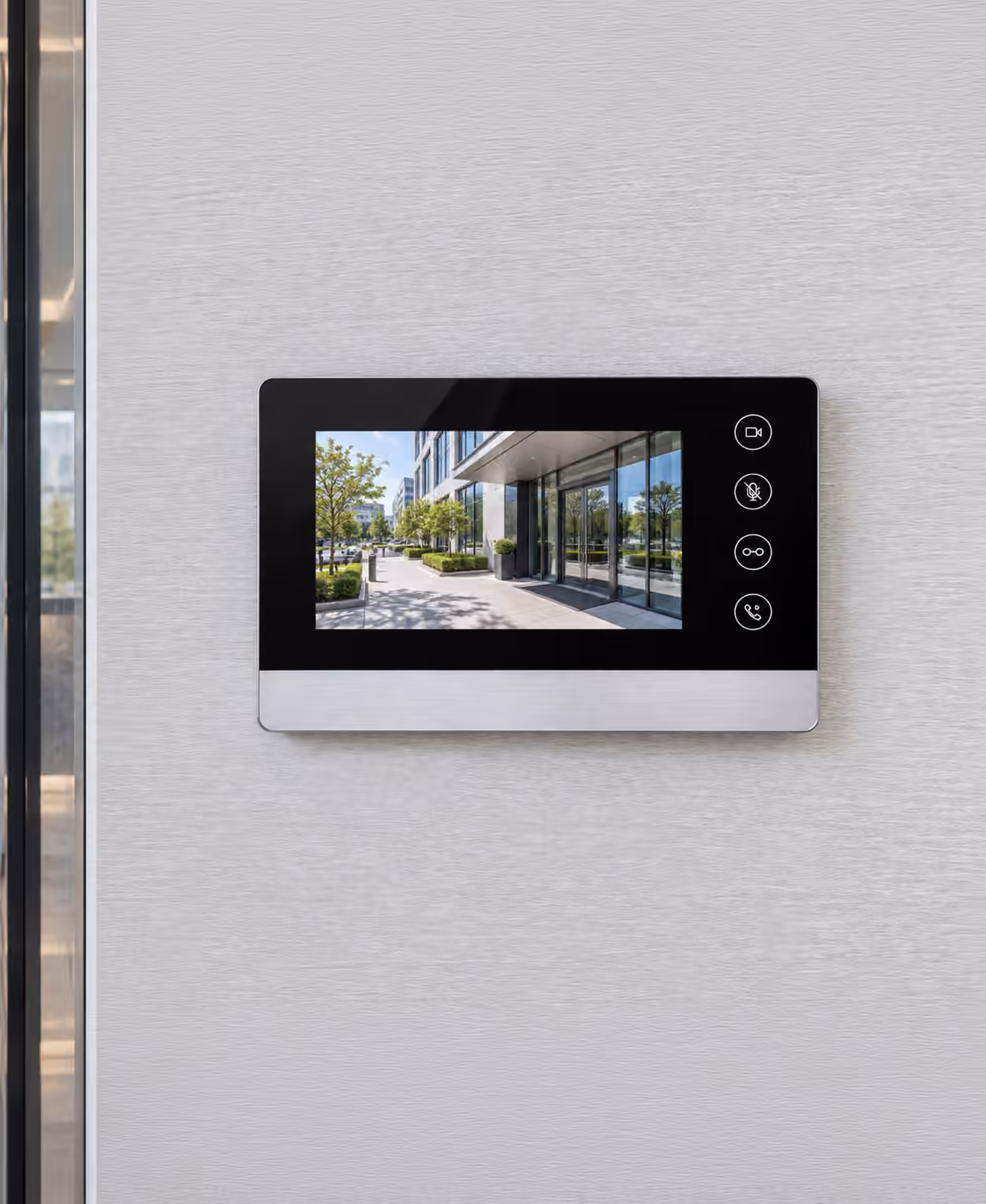 Wall-mounted commercial video intercom monitor showing a building entrance