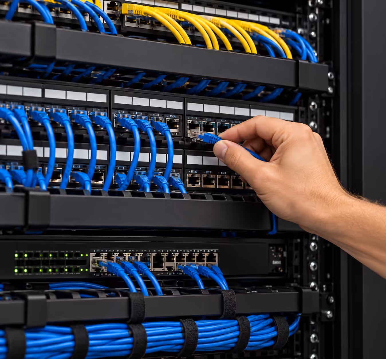 Ethernet patch cables connected to commercial network equipment