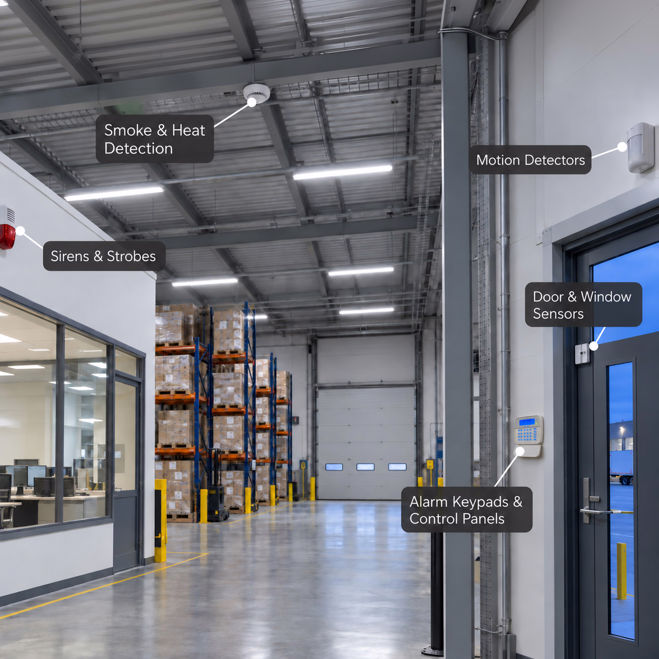 Commercial warehouse alarm system with keypad, door sensors, motion detectors, and safety devices