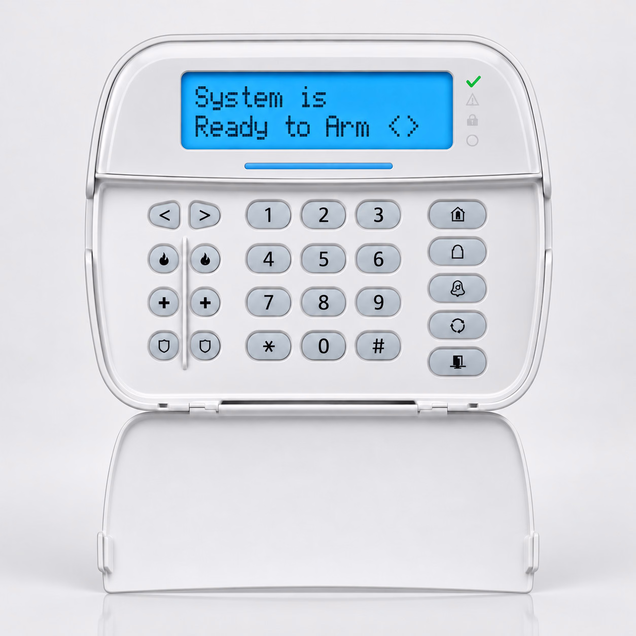 White hardwired alarm keypad with blue LCD screen