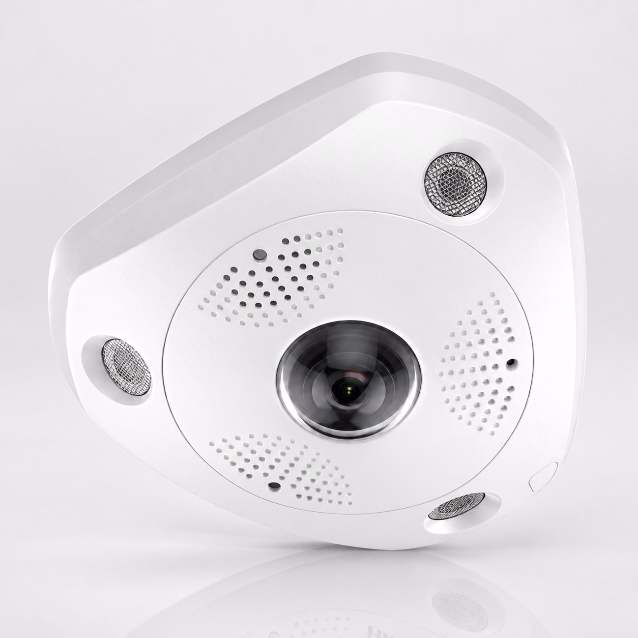 White Hikvision fisheye security camera with central lens
