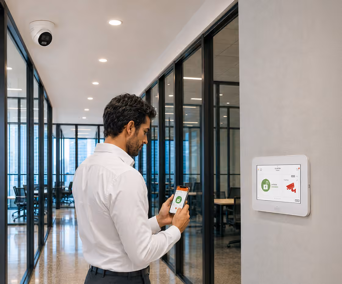 Business owner using a security app beside an access-control keypad
