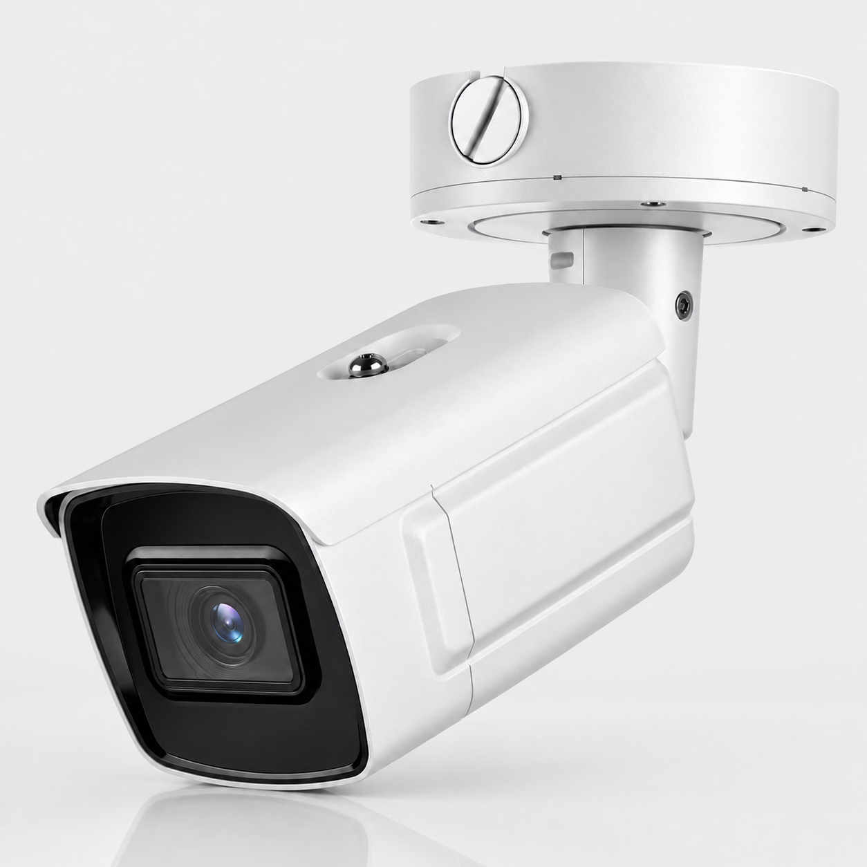 White bullet security camera with junction-box mount