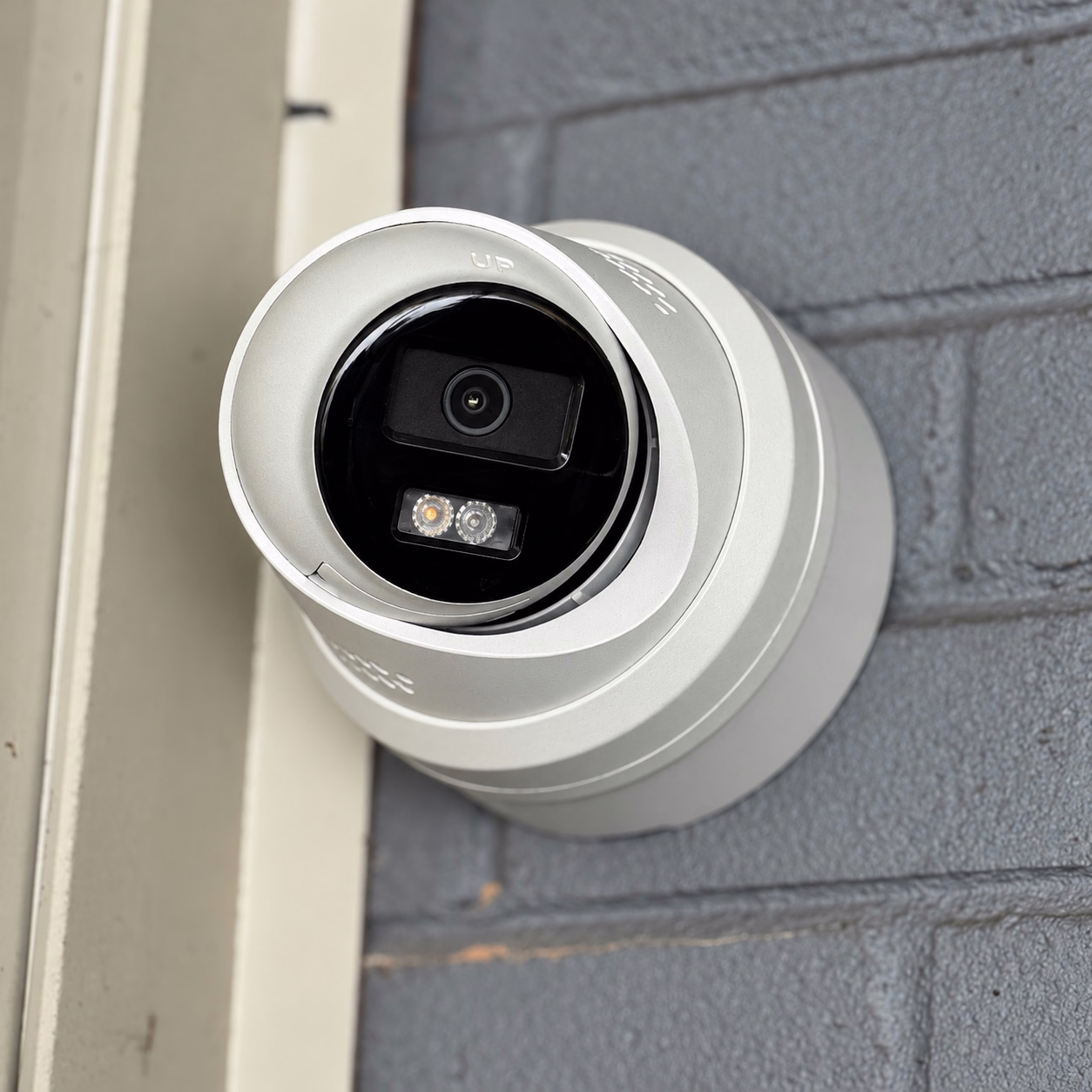 Close-up of a mounted security camera