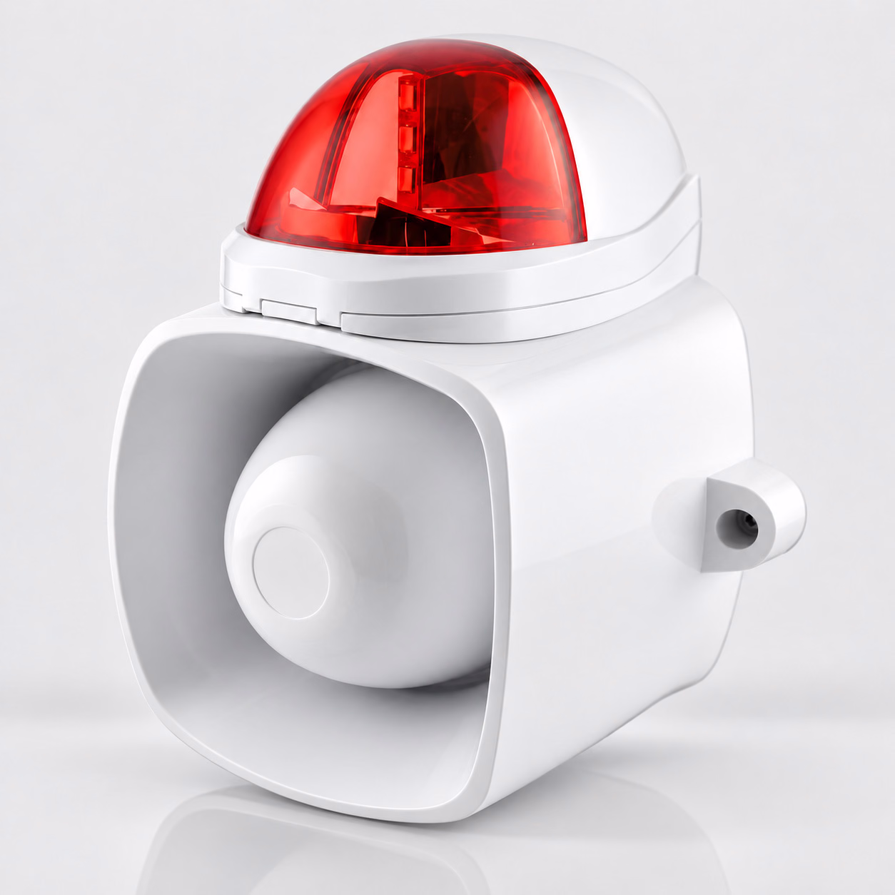 White outdoor horn siren with red strobe light