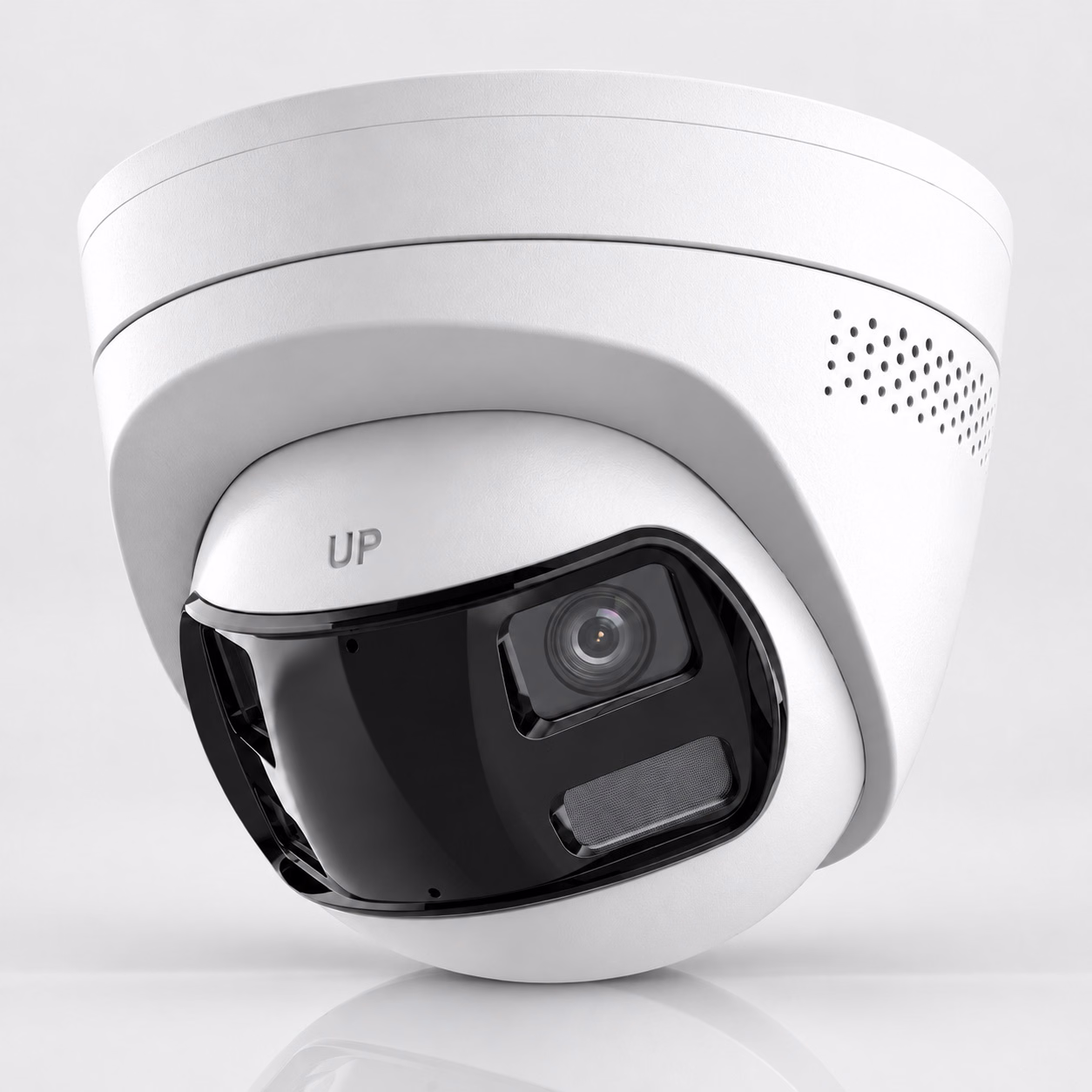 White turret security camera with black lens housing