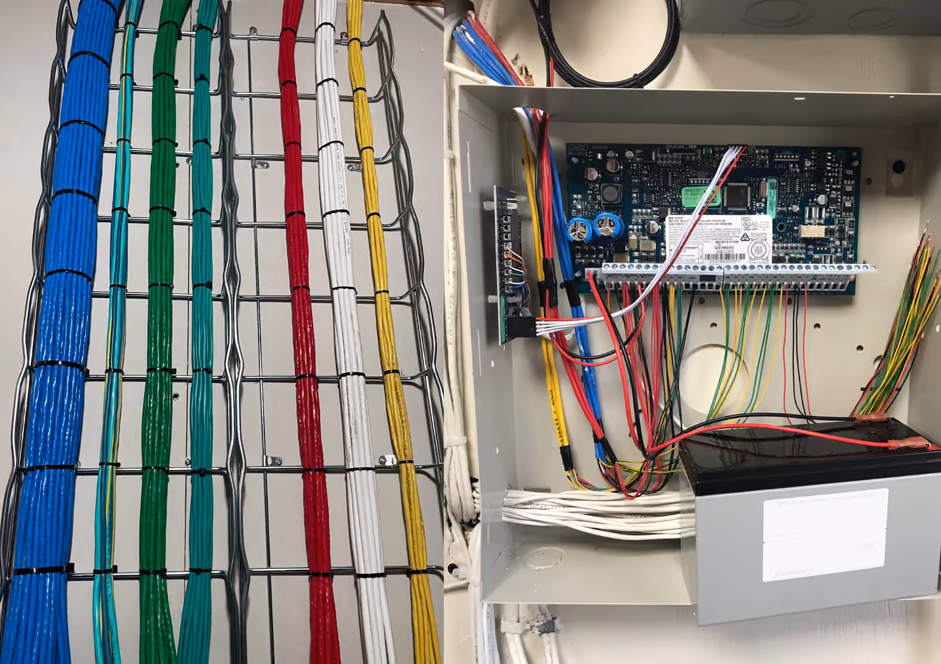 Organized security system wiring next to an open control panel