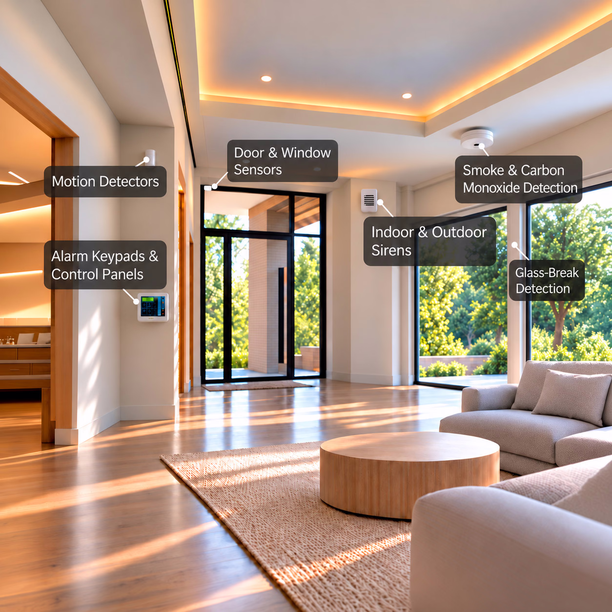 Home alarm system showing a keypad, door and window sensors, motion detection, sirens, and safety detectors