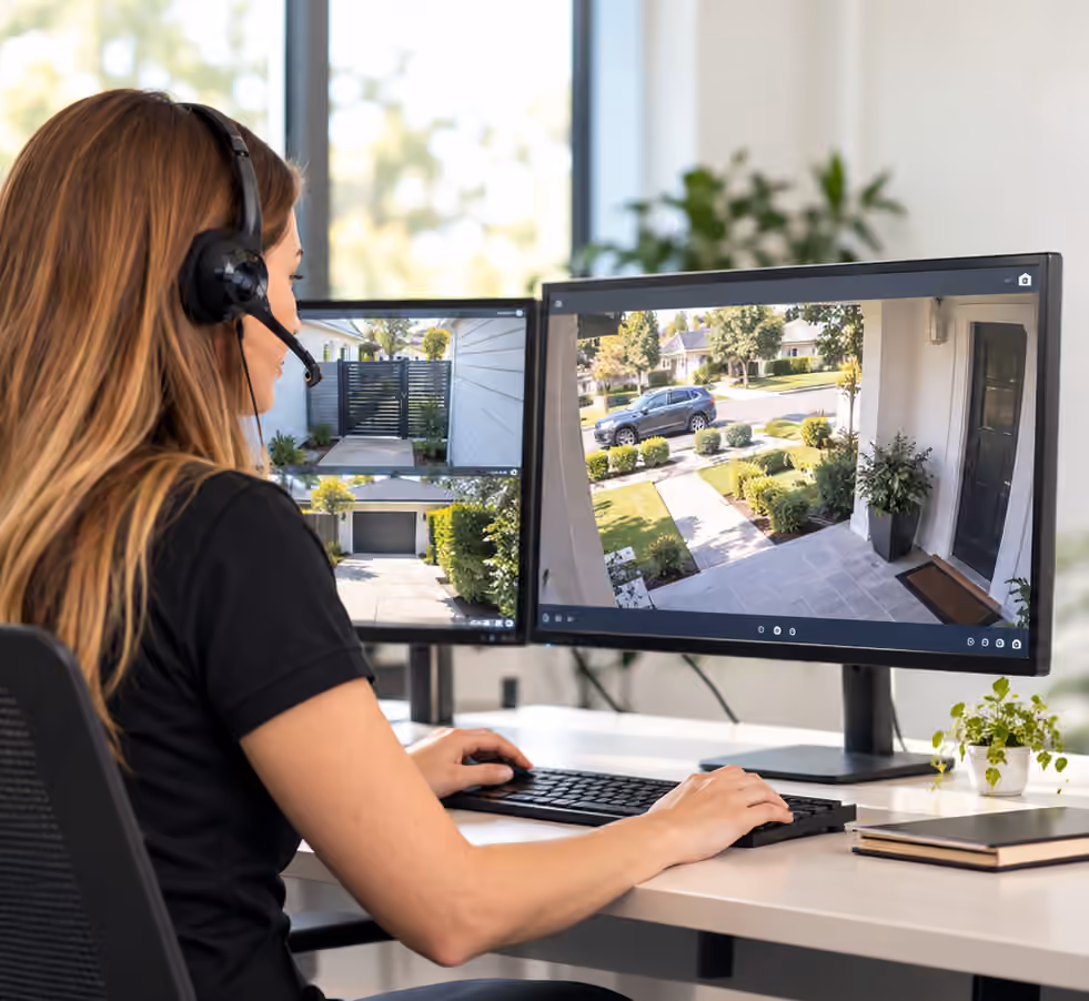 Monitoring specialist reviewing security camera feeds for a home