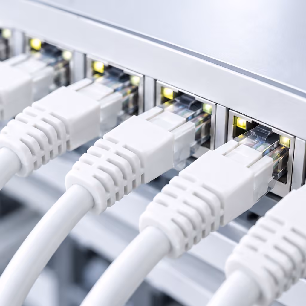 White Ethernet cables connected to network switch ports