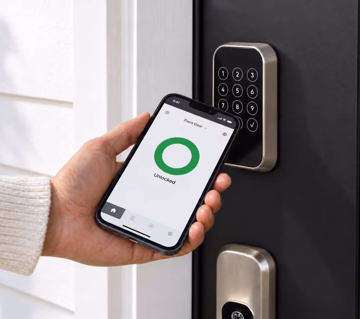 Smart lock and phone app at a home entry door