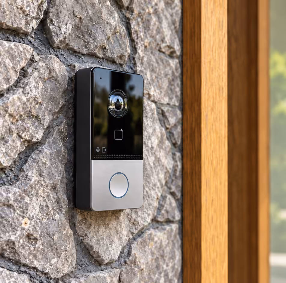 Black and silver video doorbell beside a wooden door on a stone wall