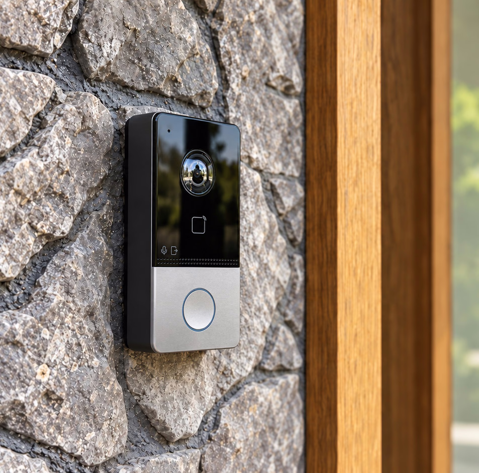 Wired PoE video doorbell mounted on a stone wall beside a wooden front door