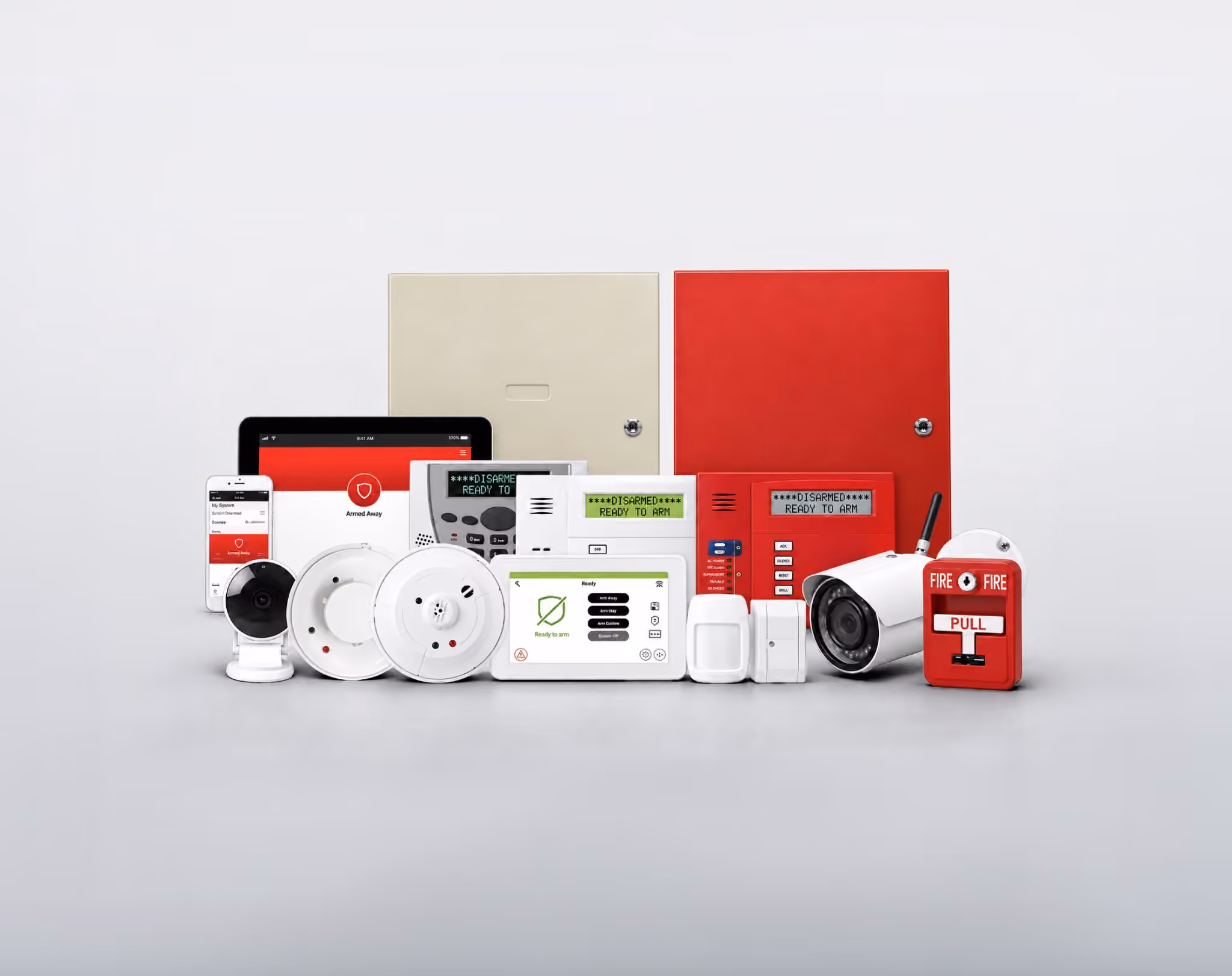 Commercial alarm panels, cameras, sensors, and fire safety devices