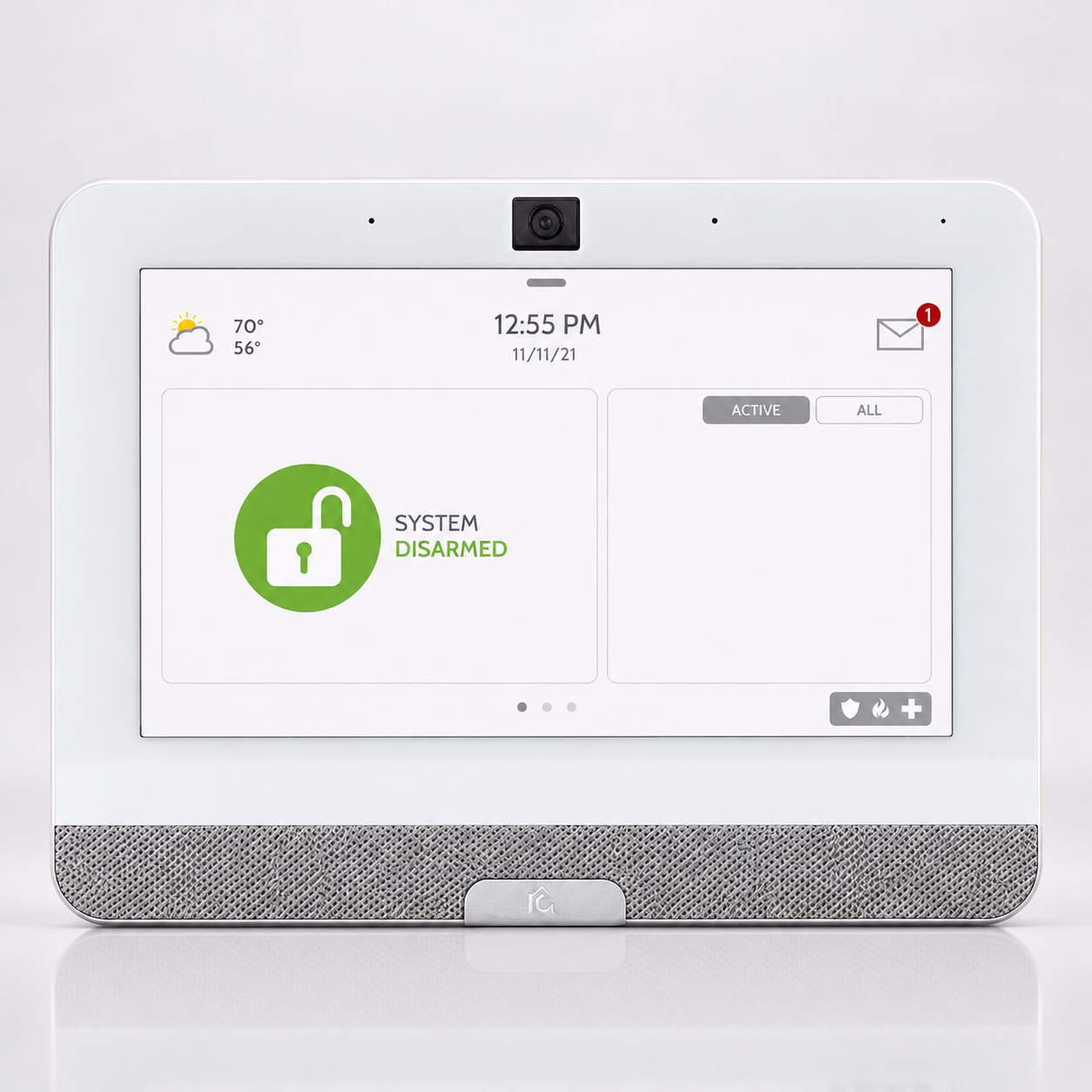 White touchscreen alarm panel showing system disarmed